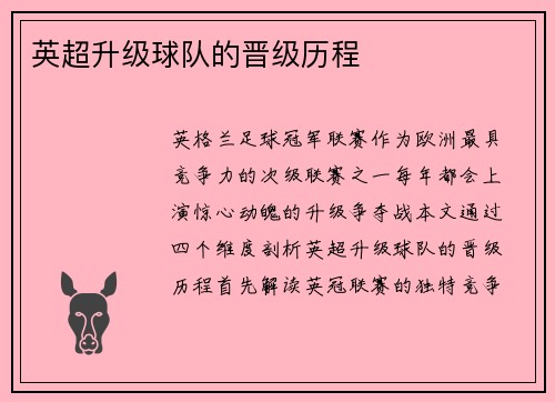 英超升级球队的晋级历程