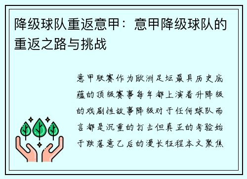 降级球队重返意甲：意甲降级球队的重返之路与挑战