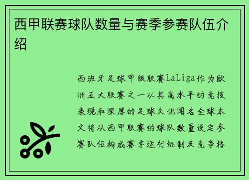 西甲联赛球队数量与赛季参赛队伍介绍