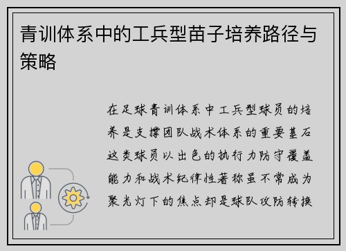 青训体系中的工兵型苗子培养路径与策略